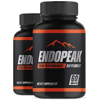 2 bottles of EndoPeak supplement with highlighted male vitality benefits